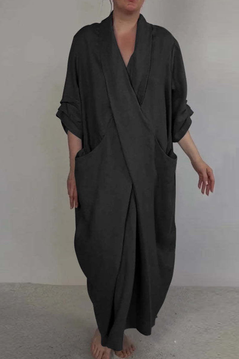 Robes longues décontractées à fente, col en V, poches et longueur irrégulière (7 couleurs)