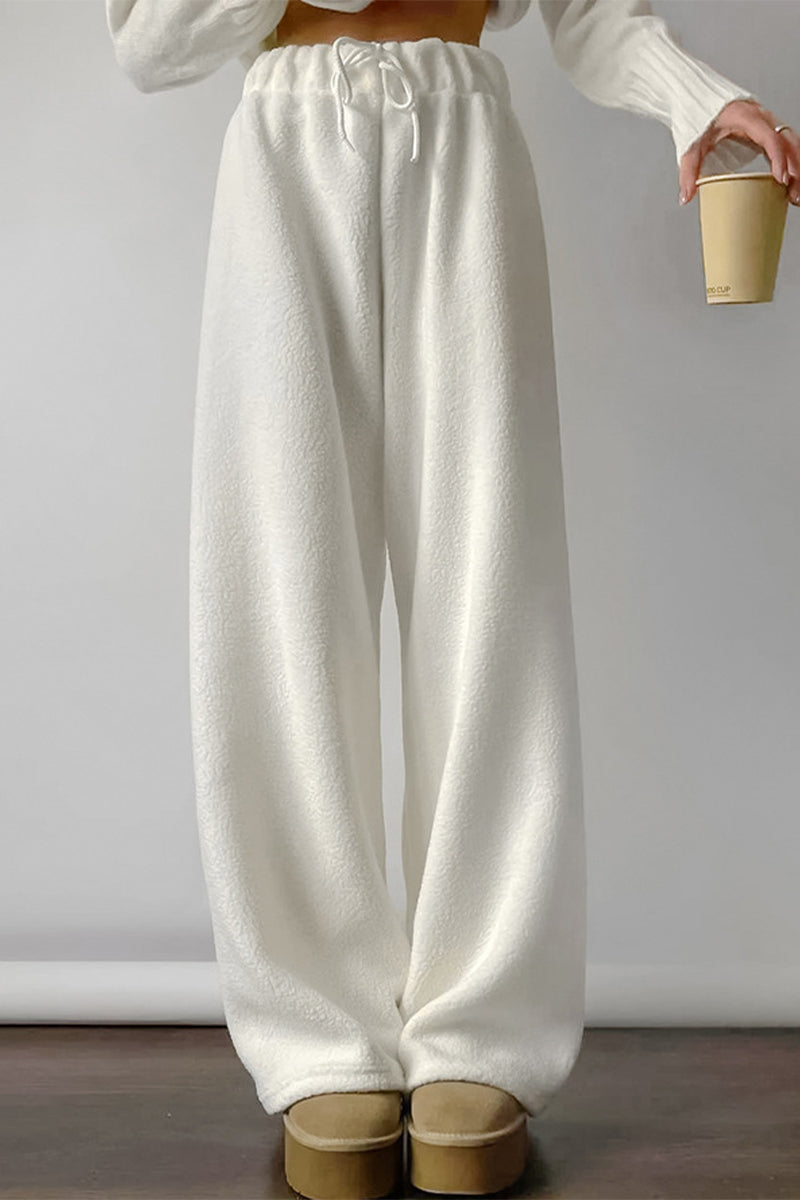 Casual Street Solid Color Pocket Lace Up Fluffy Loose High Waist Wide Leg Solid Color Bottoms