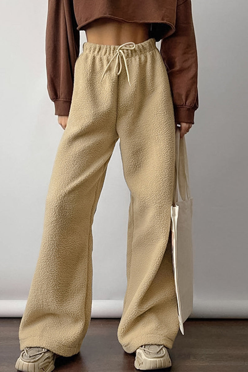 Casual Street Solid Color Pocket Lace Up Fluffy Loose High Waist Wide Leg Solid Color Bottoms