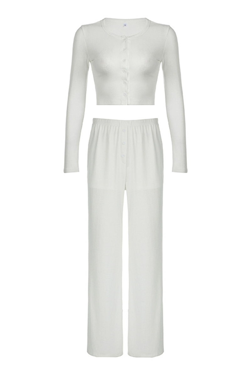 Ensemble deux pièces décontracté, quotidien, ajouré, boutons, col rond, manches longues.