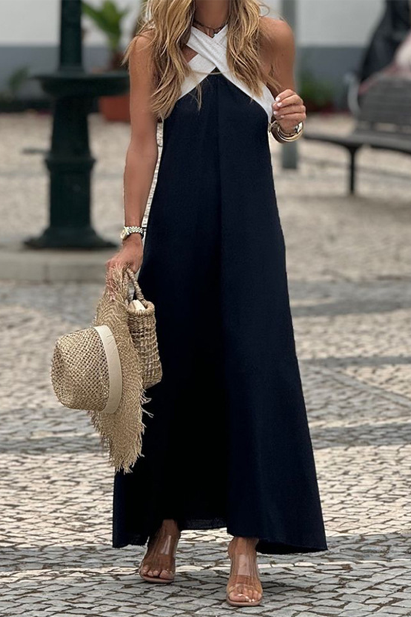 Robes décontractées en patchwork, col en V, avec bretelles contrastées.