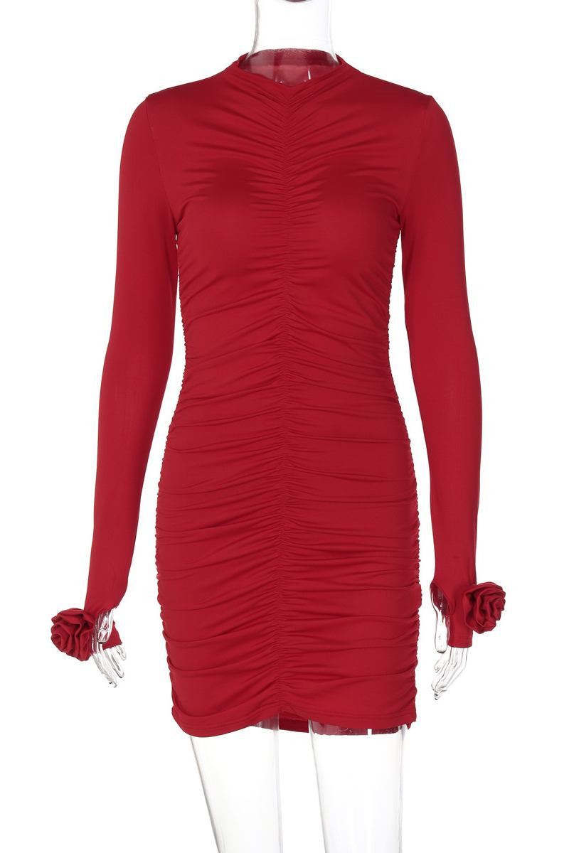 Robe-jupe portefeuille casual à demi-col montant et plis (4 couleurs)