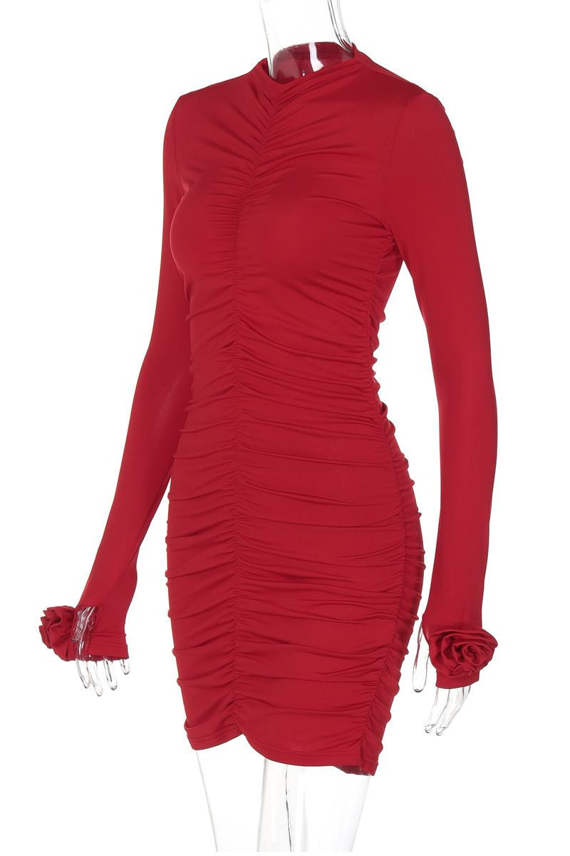 Robe-jupe portefeuille casual à demi-col montant et plis (4 couleurs)