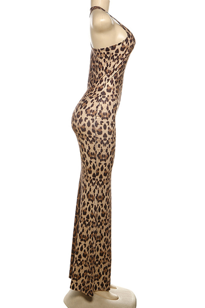 Elegant Leopard Print Patchwork Backless Halter Long Dresses