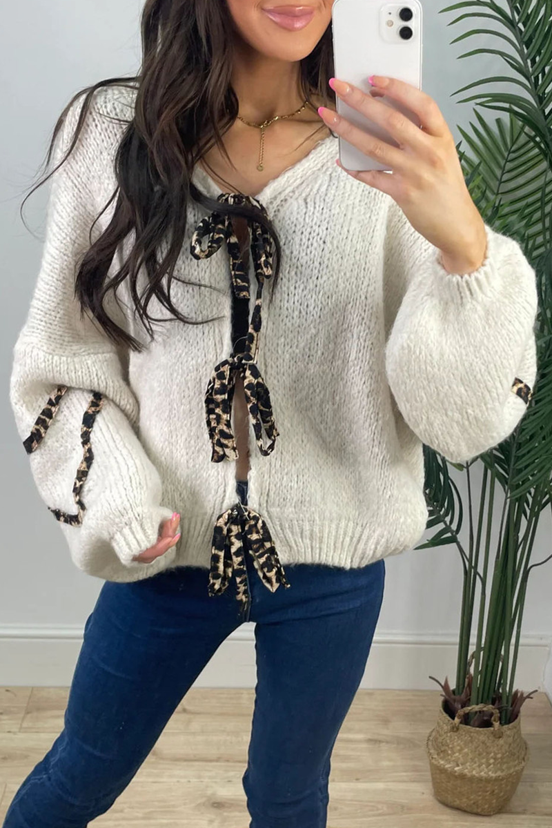 Vêtements d'extérieur décontractés en patchwork tissé à lacets et col en V, motif léopard (7 couleurs)