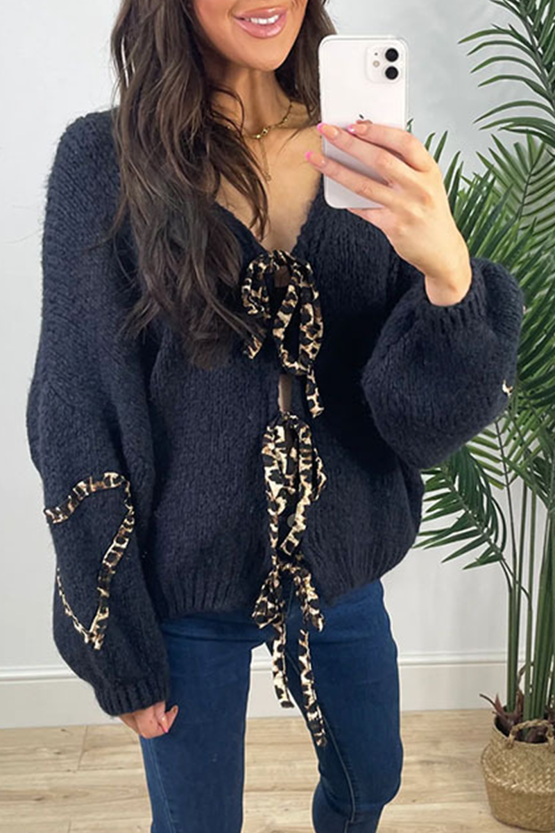 Vêtements d'extérieur décontractés en patchwork tissé à lacets et col en V, motif léopard (7 couleurs)