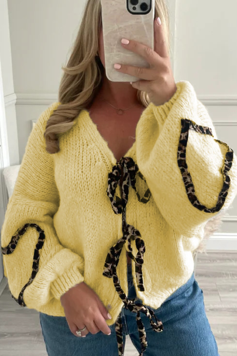 Vêtements d'extérieur décontractés en patchwork tissé à lacets et col en V, motif léopard (7 couleurs)