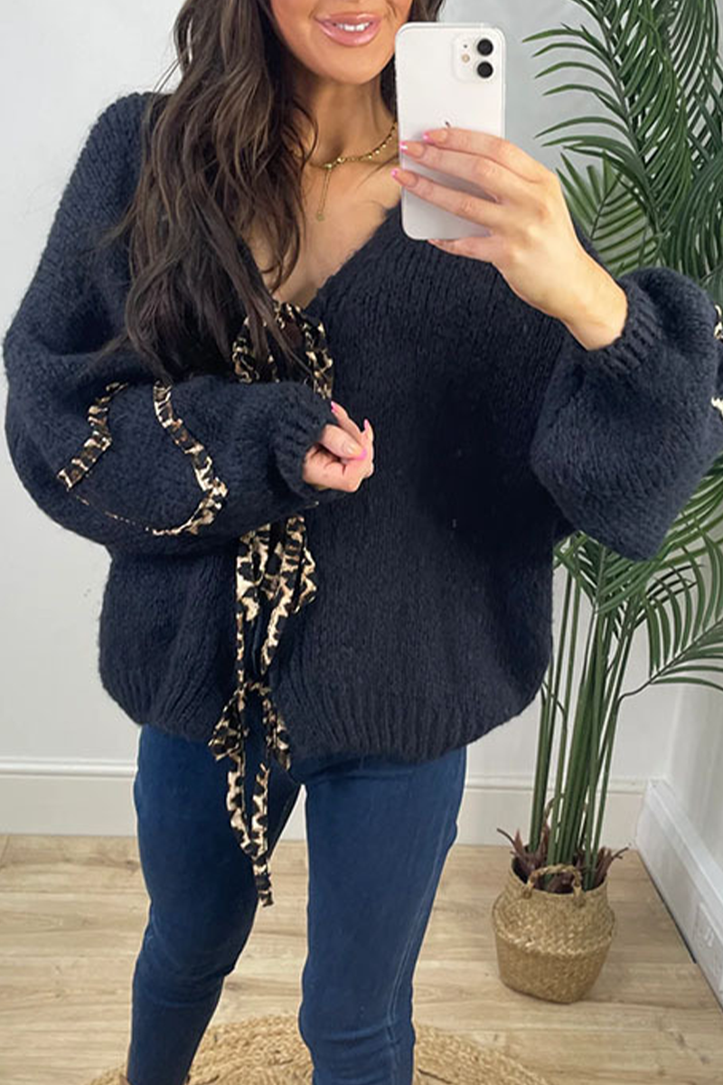 Vêtements d'extérieur décontractés en patchwork tissé à lacets et col en V, motif léopard (7 couleurs)