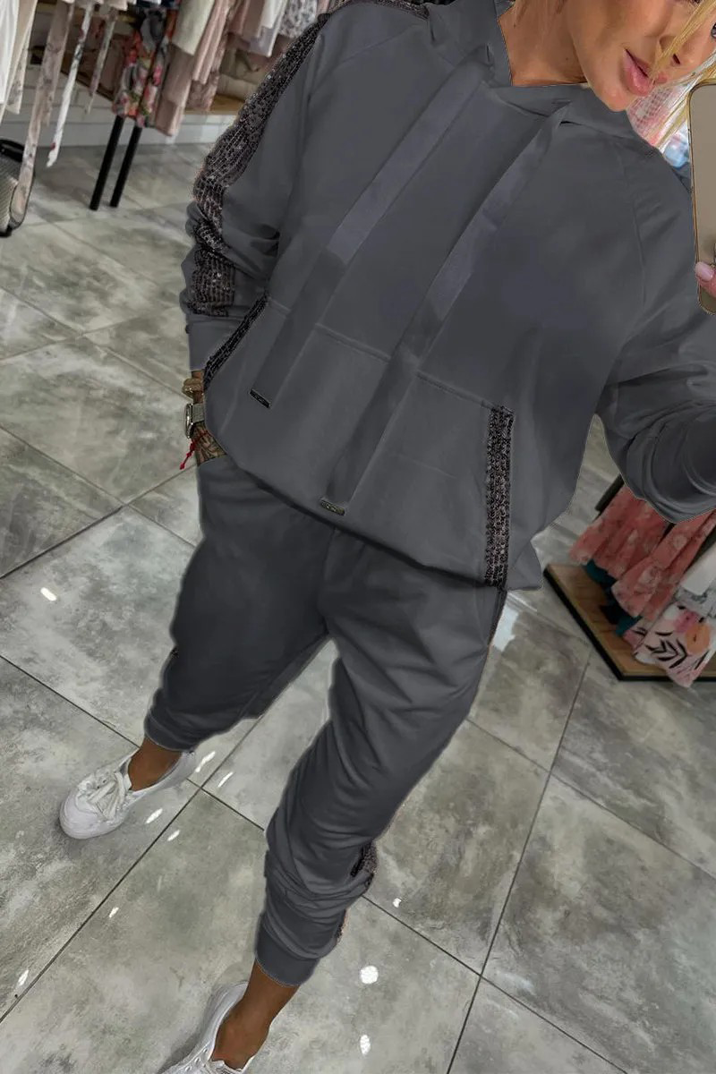 Ensemble deux pièces décontracté quotidien à paillettes, avec cordon de serrage, poches, capuche et manches longues (5 couleurs)
