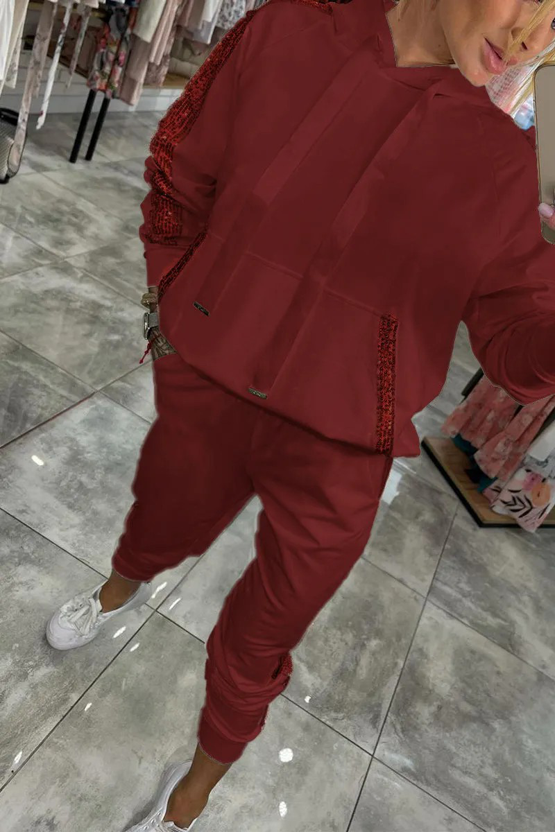 Ensemble deux pièces décontracté quotidien à paillettes, avec cordon de serrage, poches, capuche et manches longues (5 couleurs)