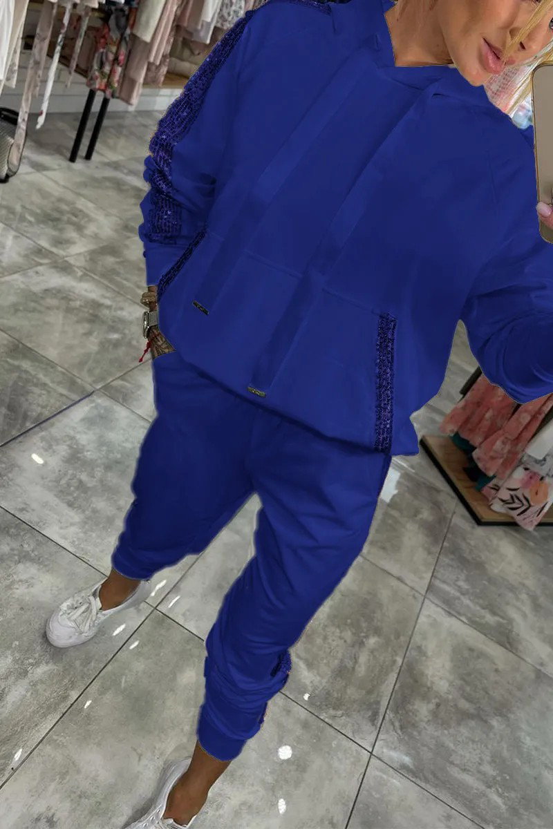 Ensemble deux pièces décontracté quotidien à paillettes, avec cordon de serrage, poches, capuche et manches longues (5 couleurs)