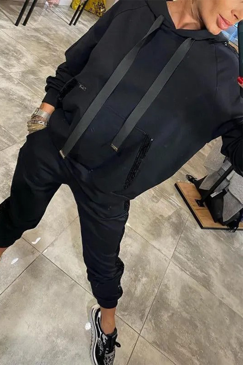 Ensemble deux pièces décontracté quotidien à paillettes, avec cordon de serrage, poches, capuche et manches longues (5 couleurs)