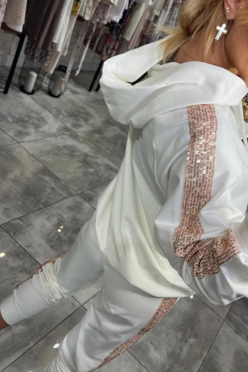 Ensemble deux pièces décontracté quotidien à paillettes, avec cordon de serrage, poches, capuche et manches longues (5 couleurs)