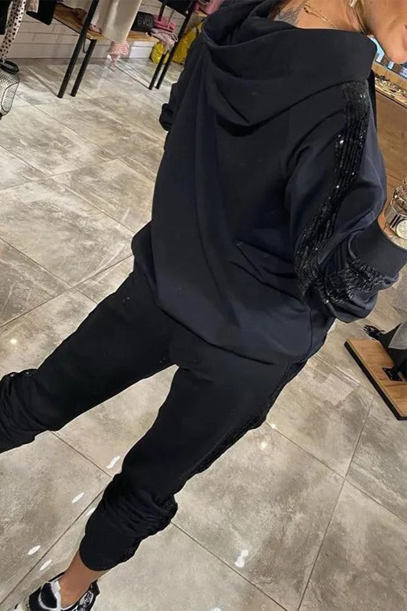 Ensemble deux pièces décontracté quotidien à paillettes, avec cordon de serrage, poches, capuche et manches longues (5 couleurs)
