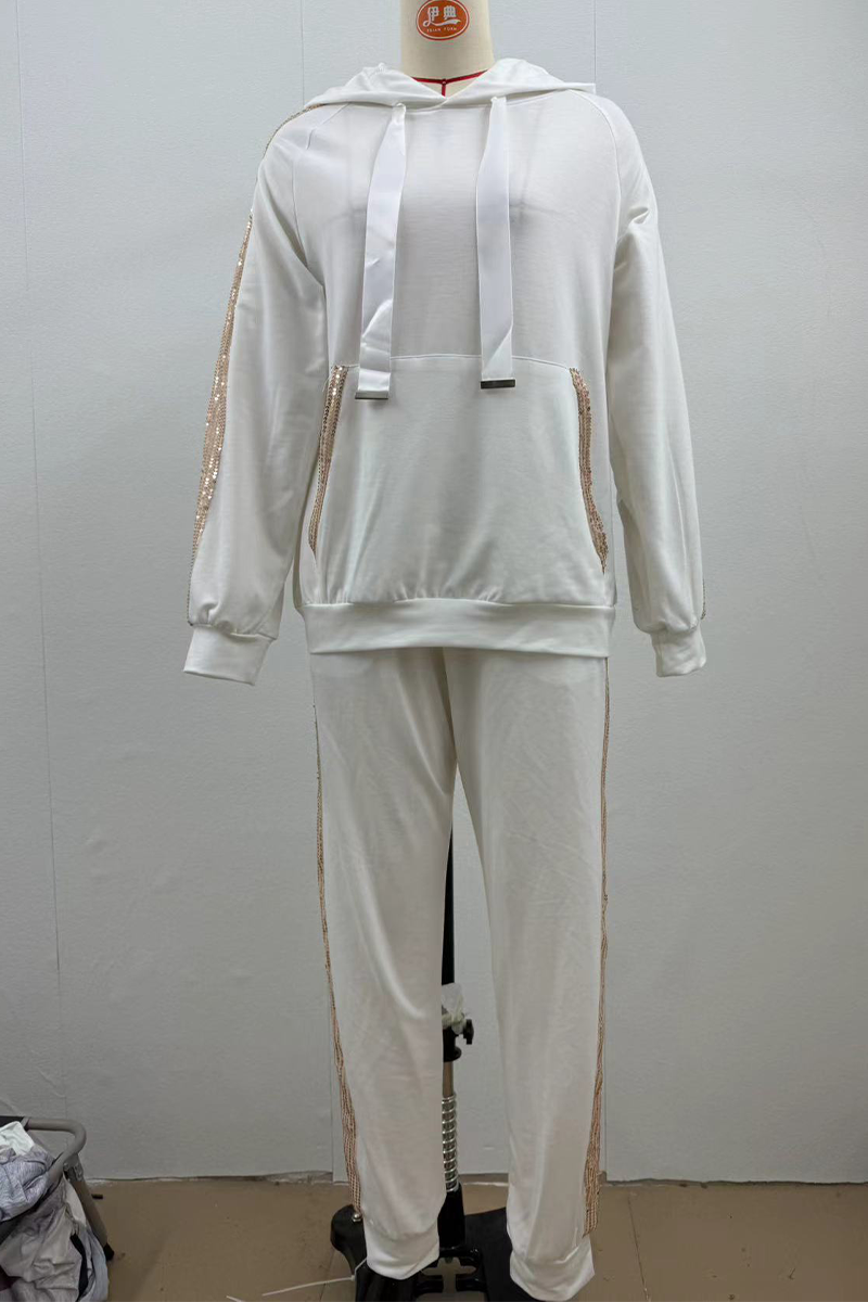Ensemble deux pièces décontracté quotidien à paillettes, avec cordon de serrage, poches, capuche et manches longues (5 couleurs)
