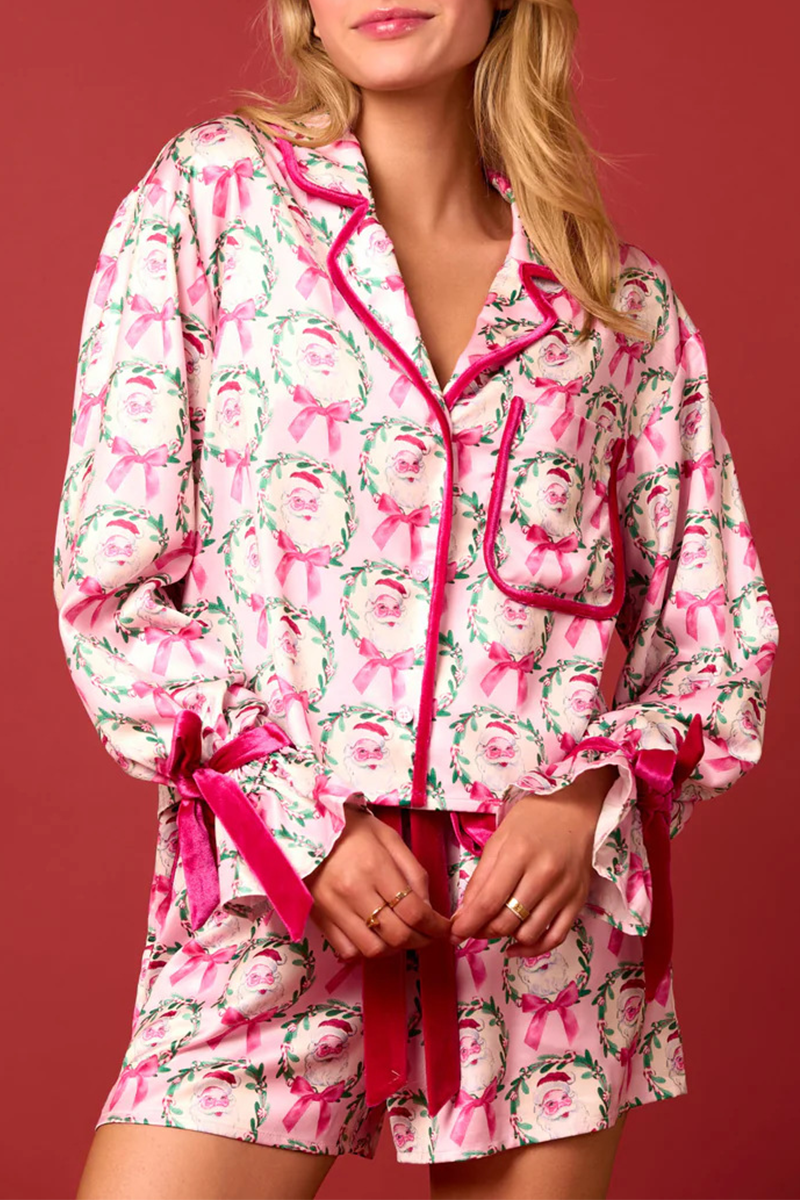 Casual Santa Claus Christmas Tree Lace Up Contrast Turndown Collar Long Sleeve Two Pieces(4 Colors)