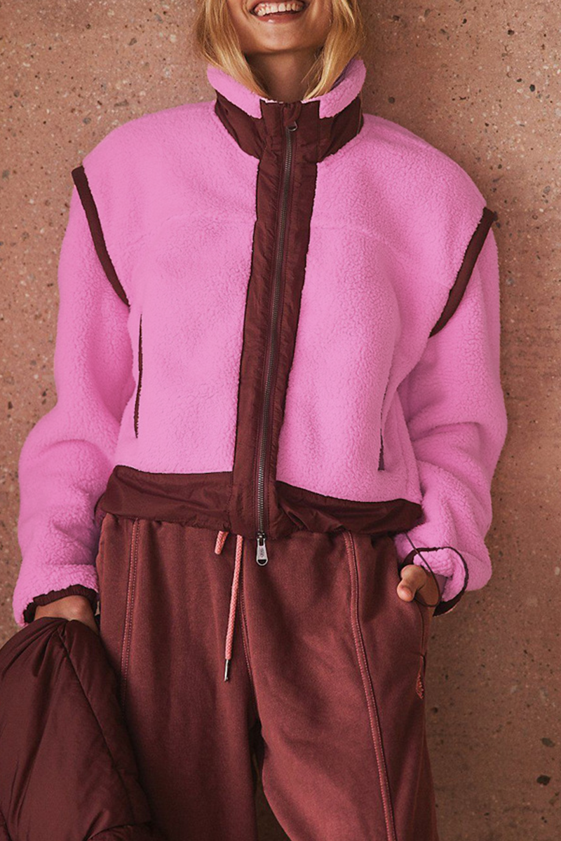 Vêtements d'extérieur décontractés, patchwork, fermeture éclair, col mandarin contrasté (5 couleurs)