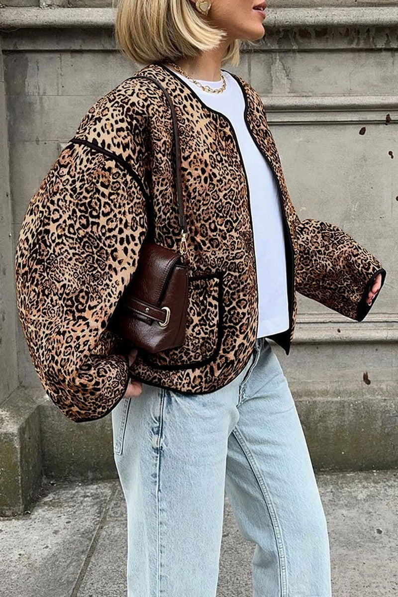 Vêtements d'extérieur décontractés style streetwear, col rond, patchwork avec poches et imprimé léopard (3 couleurs)