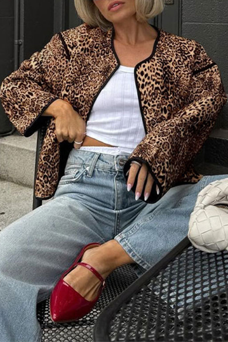 Vêtements d'extérieur décontractés style streetwear, col rond, patchwork avec poches et imprimé léopard (3 couleurs)