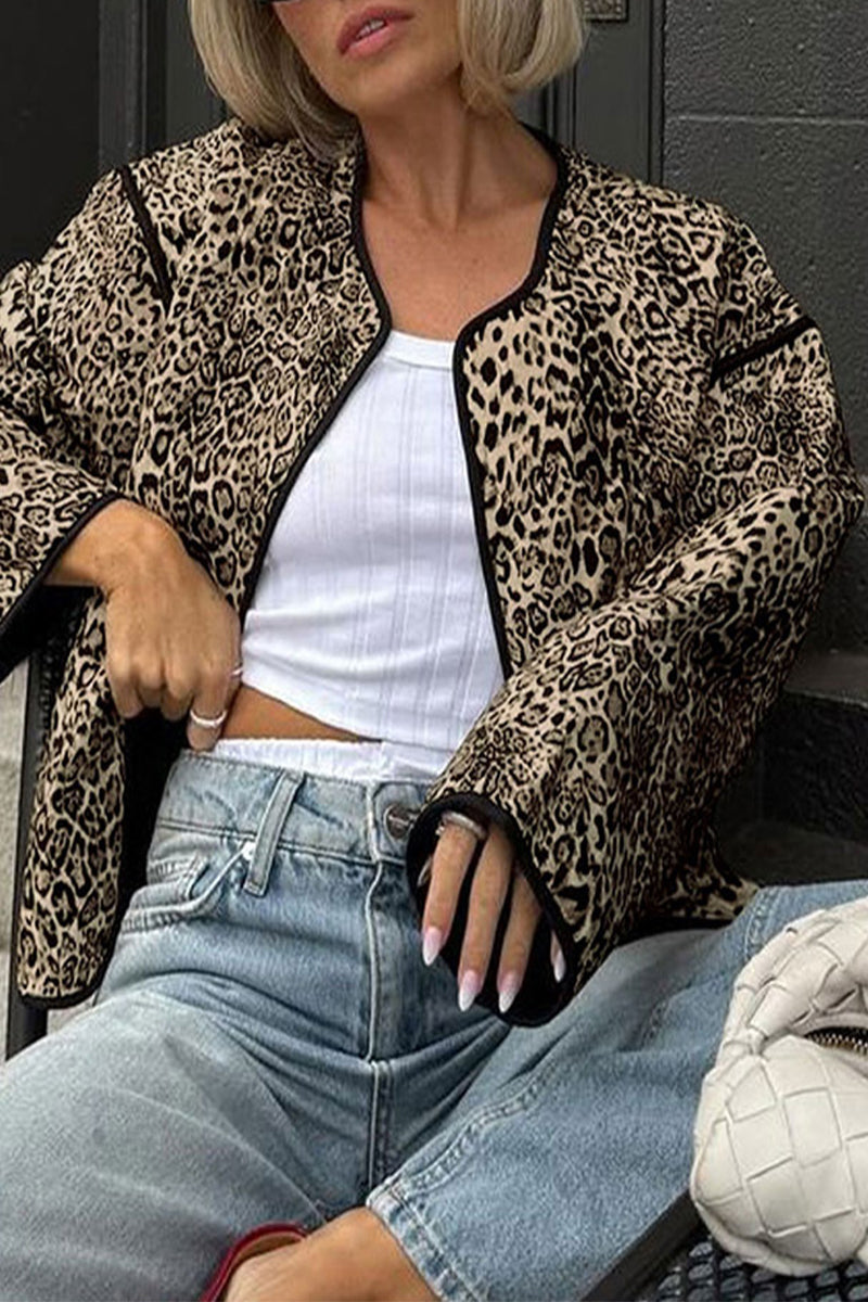 Vêtements d'extérieur décontractés style streetwear, col rond, patchwork avec poches et imprimé léopard (3 couleurs)