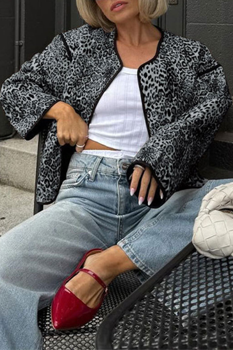 Vêtements d'extérieur décontractés style streetwear, col rond, patchwork avec poches et imprimé léopard (3 couleurs)