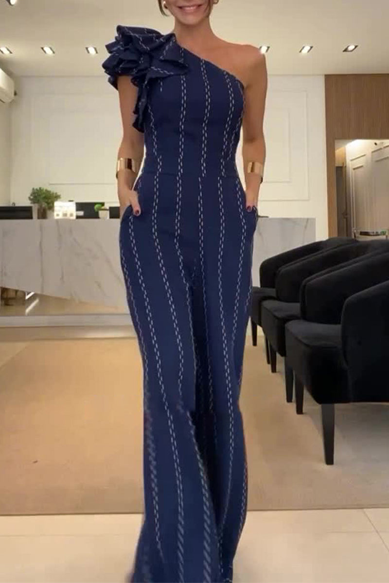 Casual Stripe Irregular Stringy Selvedge Sloping Shoulder Loose Jumpsuits