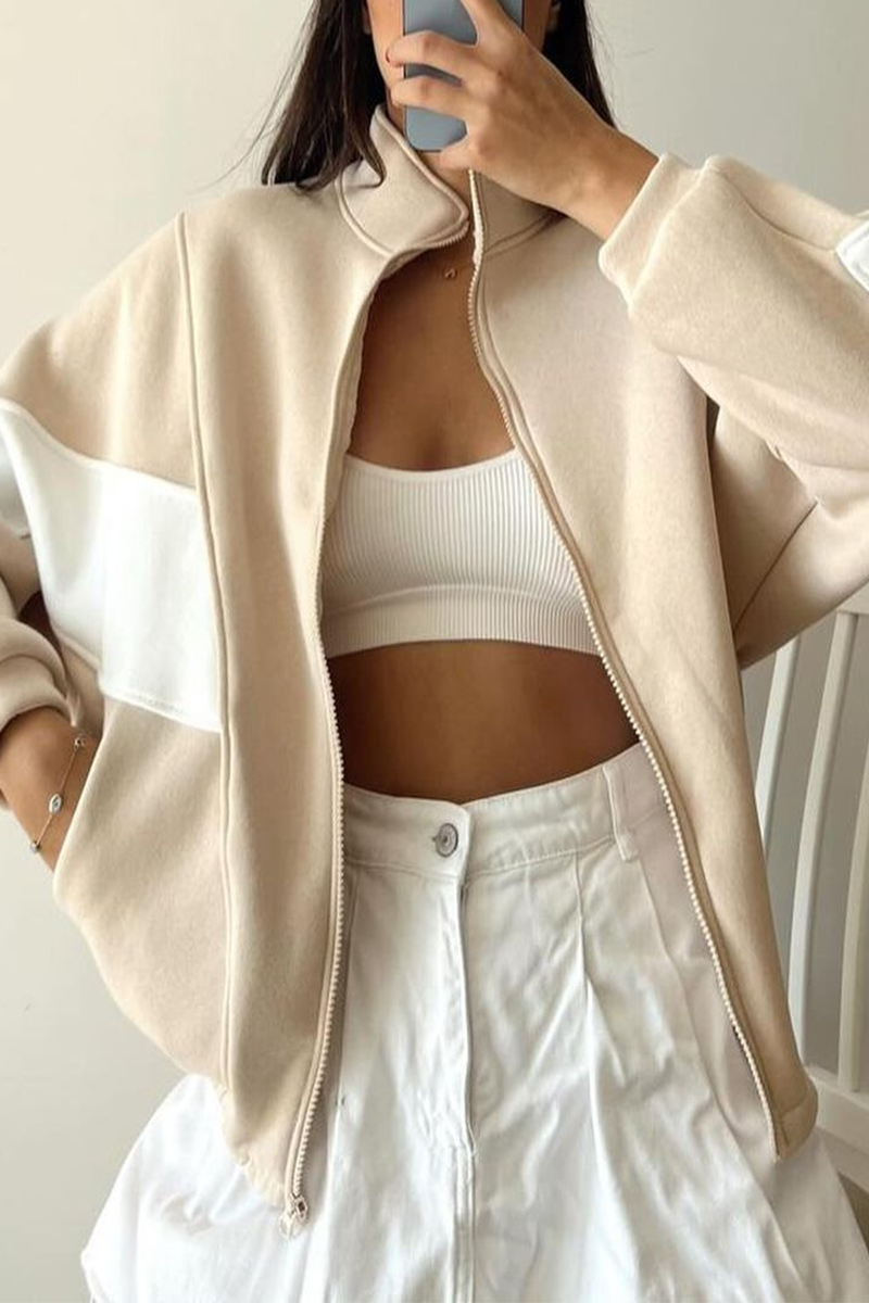 Vêtements d'extérieur décontractés, style streetwear, patchwork, colorblock, fermeture éclair, col montant contrasté (4 couleurs)