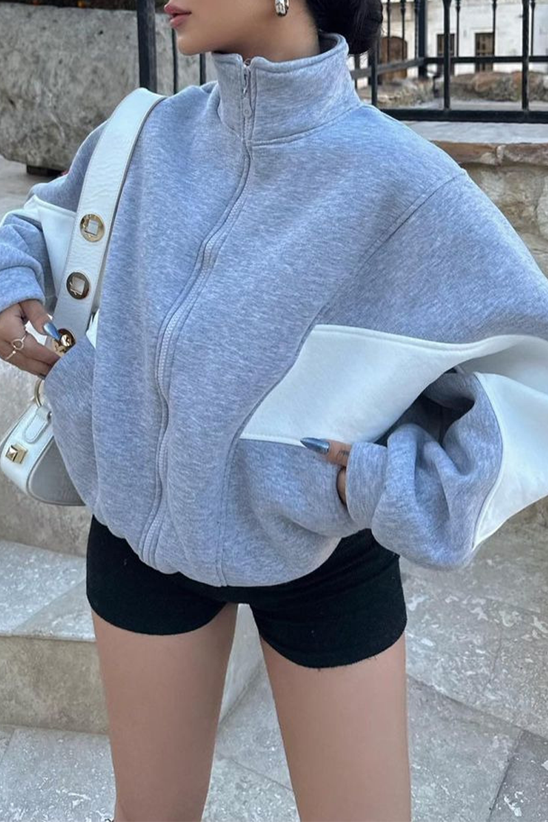 Vêtements d'extérieur décontractés, style streetwear, patchwork, colorblock, fermeture éclair, col montant contrasté (4 couleurs)