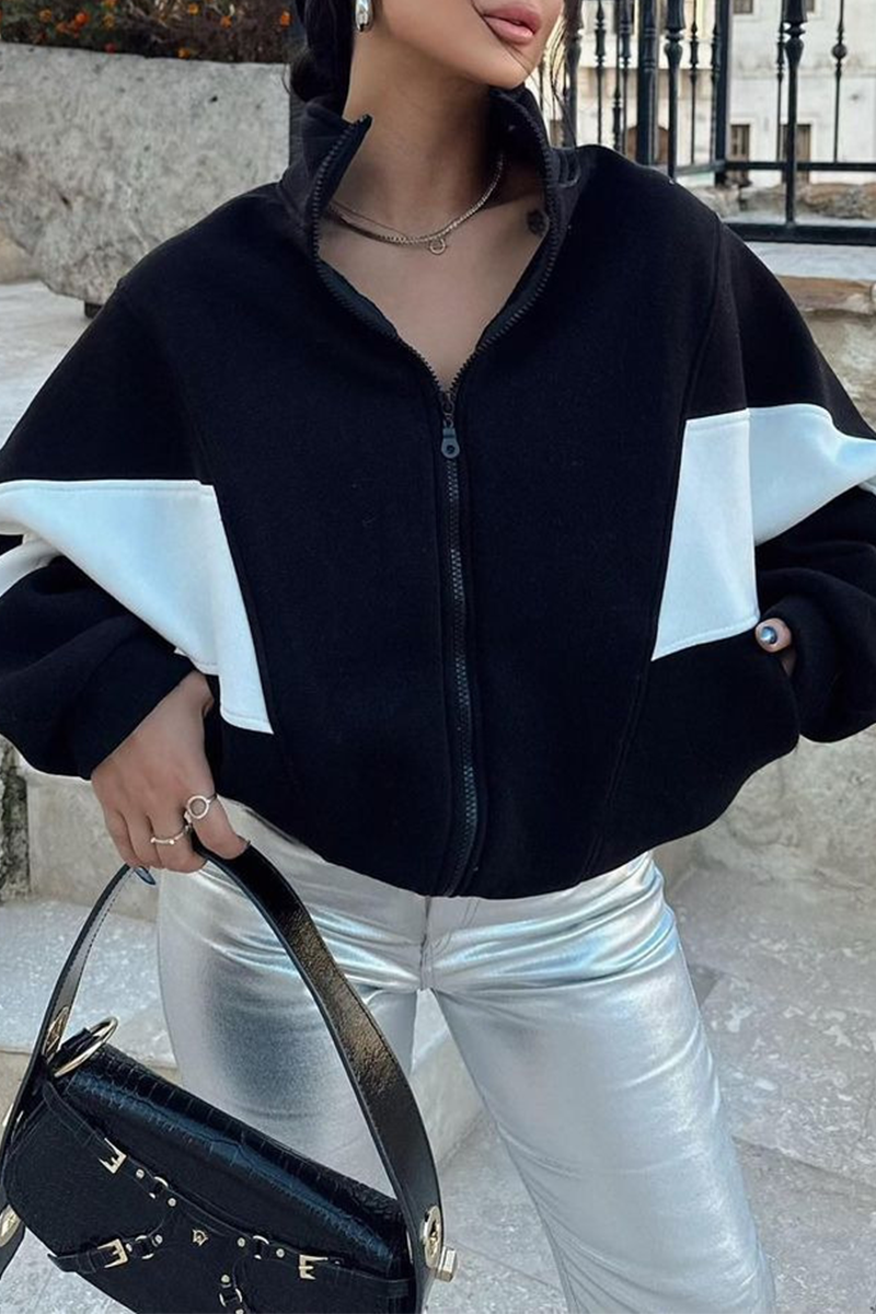 Vêtements d'extérieur décontractés, style streetwear, patchwork, colorblock, fermeture éclair, col montant contrasté (4 couleurs)