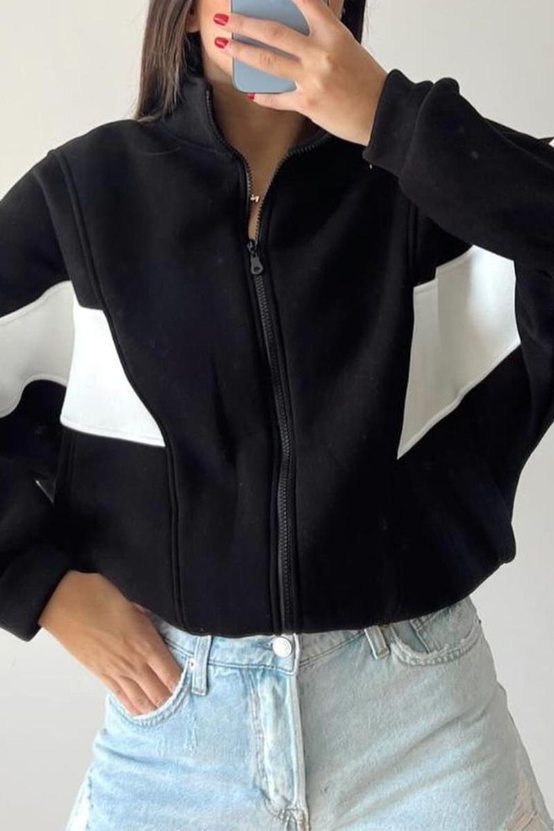 Vêtements d'extérieur décontractés, style streetwear, patchwork, colorblock, fermeture éclair, col montant contrasté (4 couleurs)