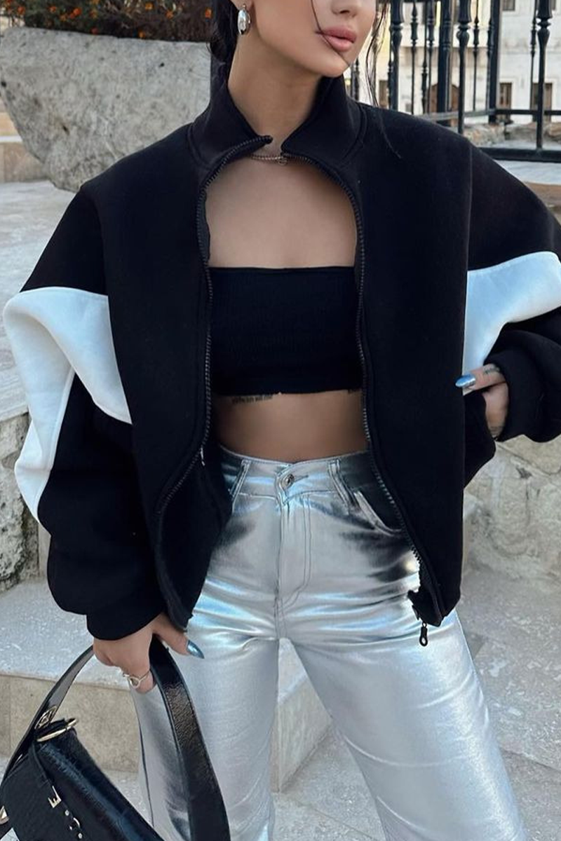 Vêtements d'extérieur décontractés, style streetwear, patchwork, colorblock, fermeture éclair, col montant contrasté (4 couleurs)