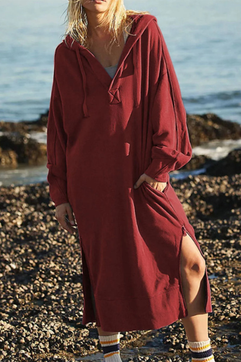 Robes décontractées à manches longues, avec poches, fente et capuche (4 couleurs)