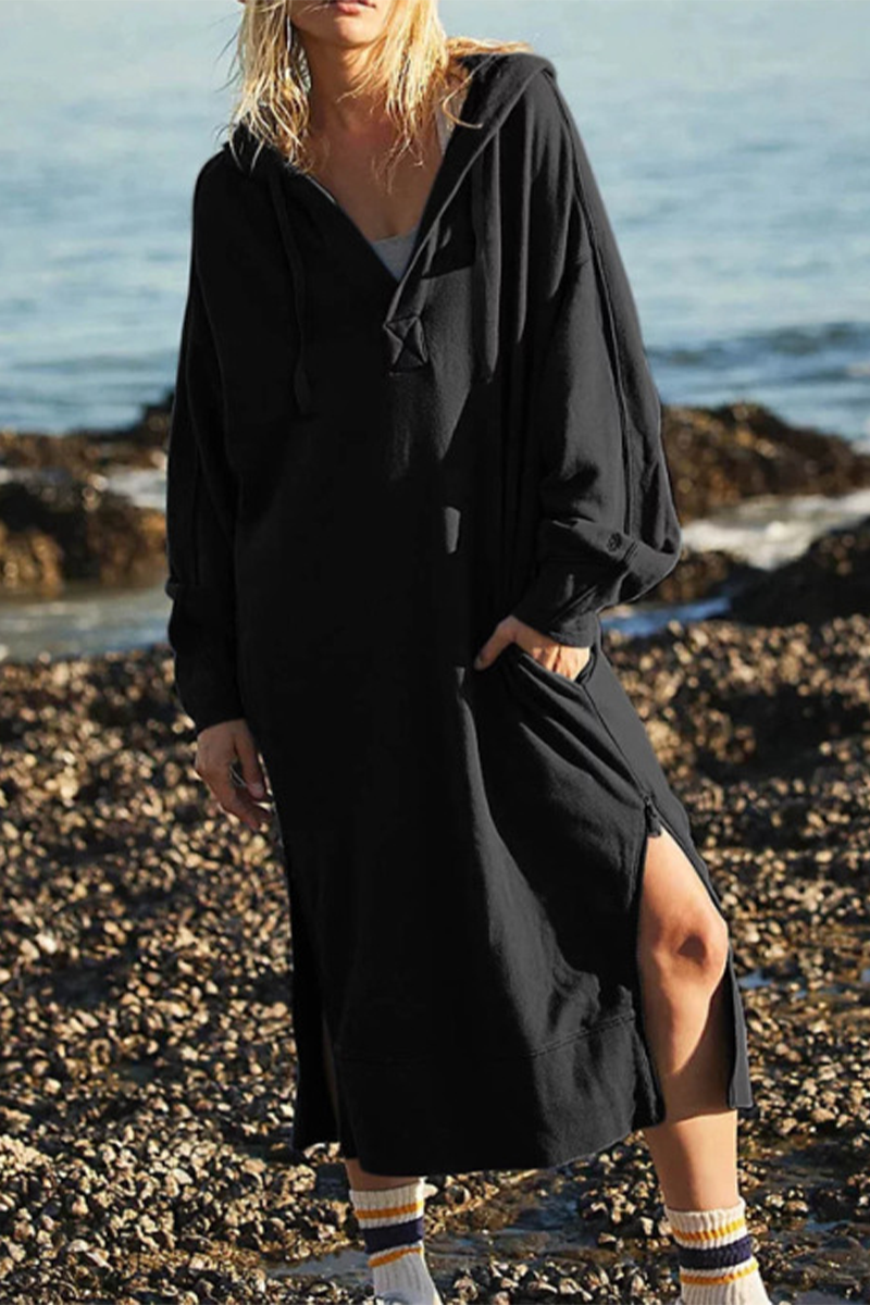 Robes décontractées à manches longues, avec poches, fente et capuche (4 couleurs)