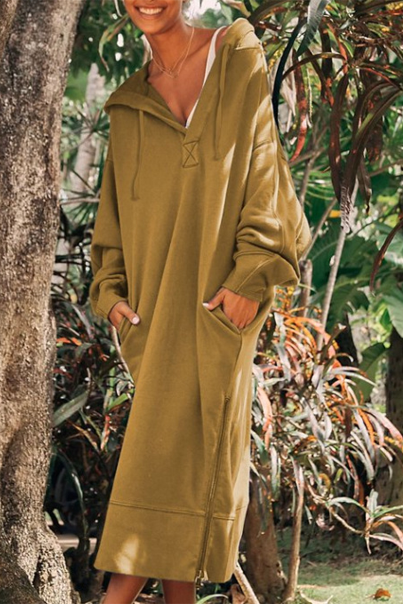 Robes décontractées à manches longues, avec poches, fente et capuche (4 couleurs)