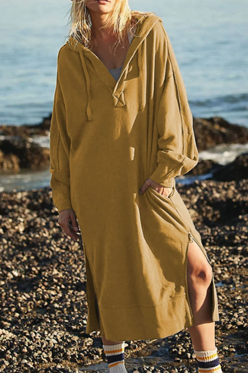 Robes décontractées à manches longues, avec poches, fente et capuche (4 couleurs)
