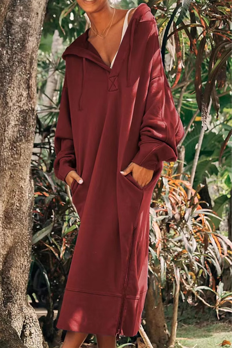 Robes décontractées à manches longues, avec poches, fente et capuche (4 couleurs)