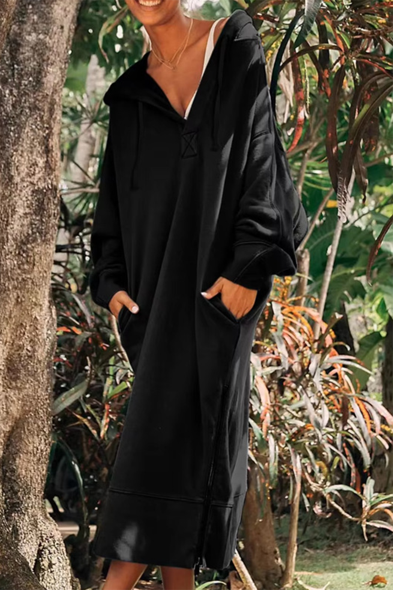 Robes décontractées à manches longues, avec poches, fente et capuche (4 couleurs)