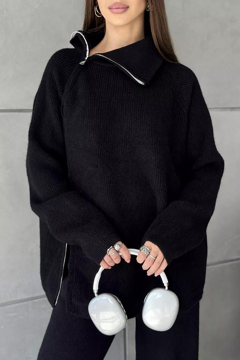 Ensemble deux pièces décontracté à manches longues avec col zippé (6 couleurs)