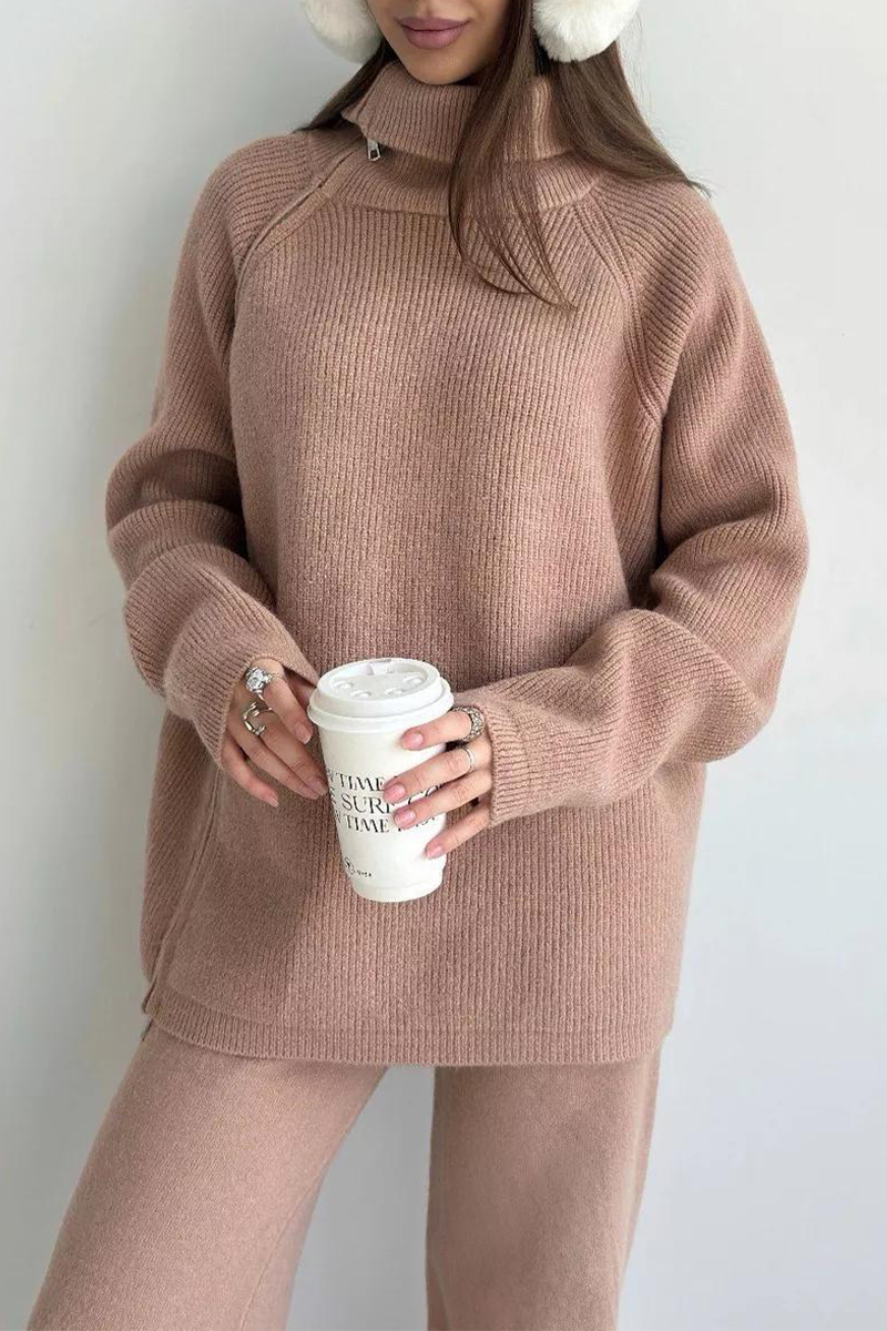 Ensemble deux pièces décontracté à manches longues avec col zippé (6 couleurs)