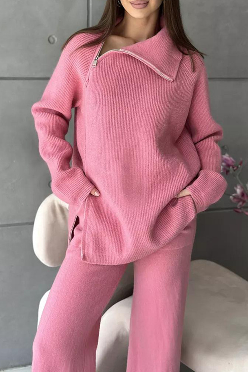 Ensemble deux pièces décontracté à manches longues avec col zippé (6 couleurs)