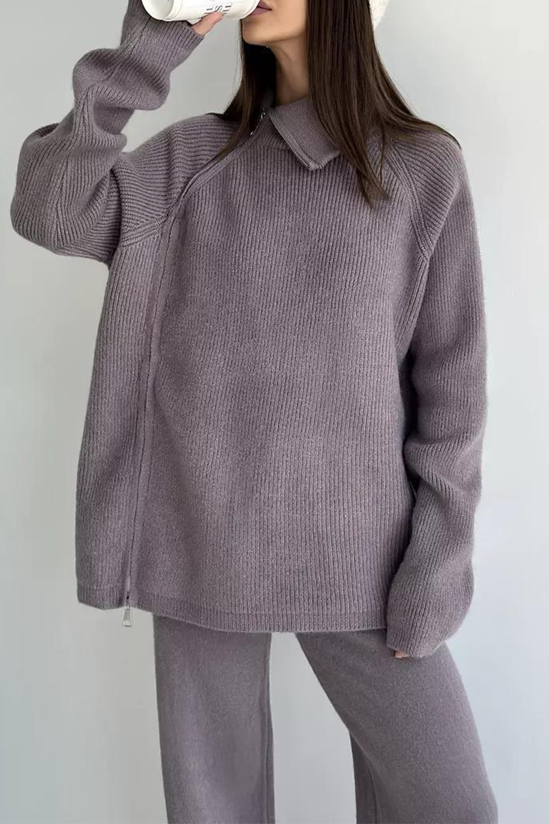 Ensemble deux pièces décontracté à manches longues avec col zippé (6 couleurs)