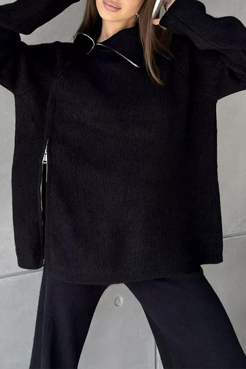 Ensemble deux pièces décontracté à manches longues avec col zippé (6 couleurs)