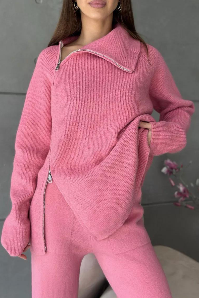 Ensemble deux pièces décontracté à manches longues avec col zippé (6 couleurs)