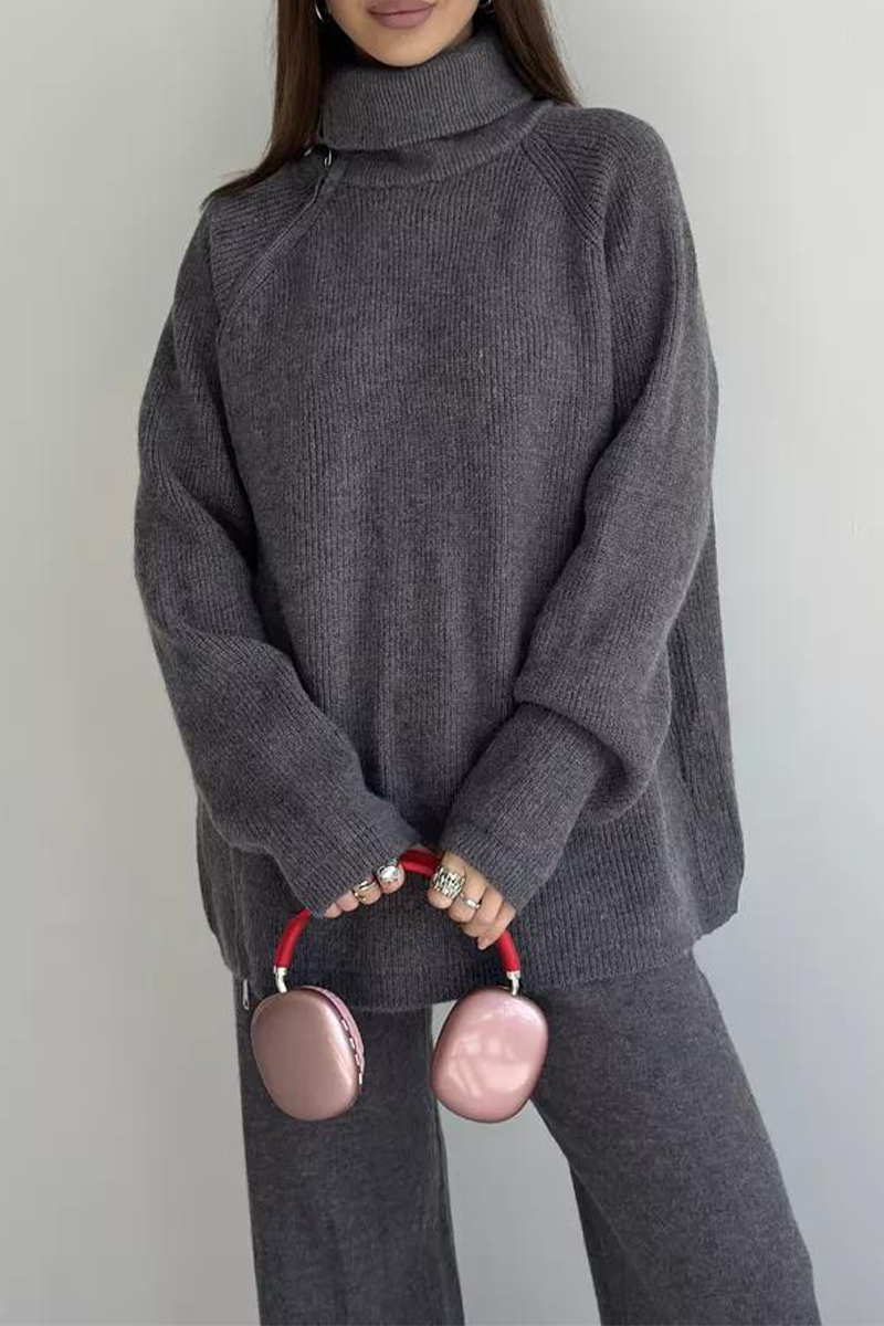 Ensemble deux pièces décontracté à manches longues avec col zippé (6 couleurs)