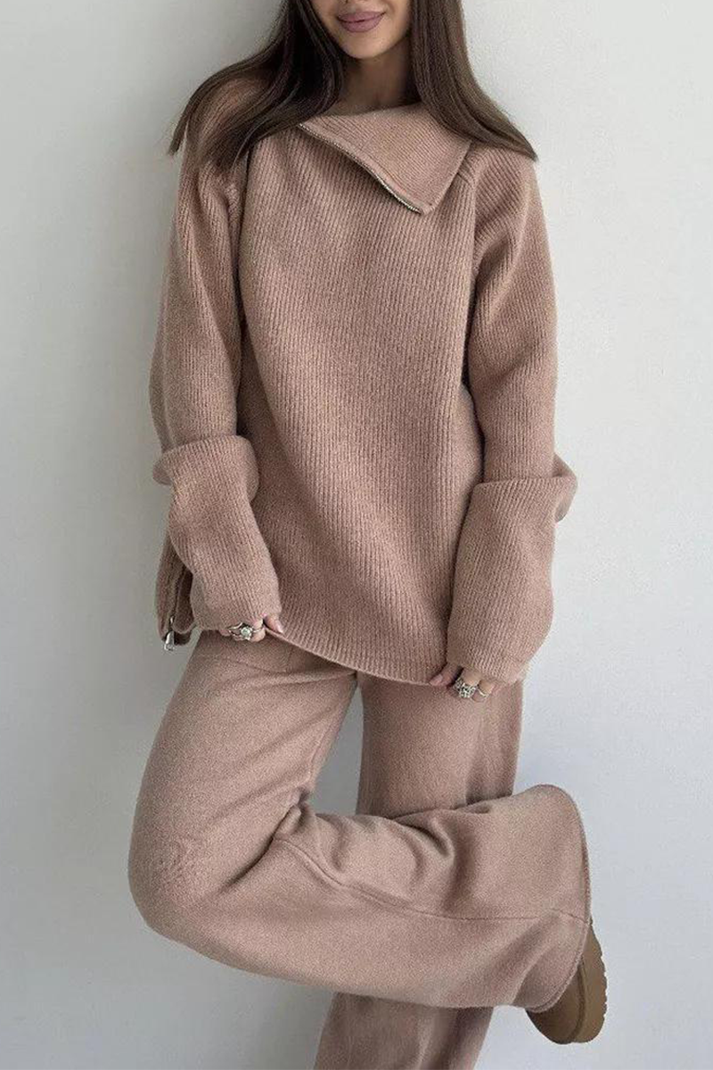 Ensemble deux pièces décontracté à manches longues avec col zippé (6 couleurs)