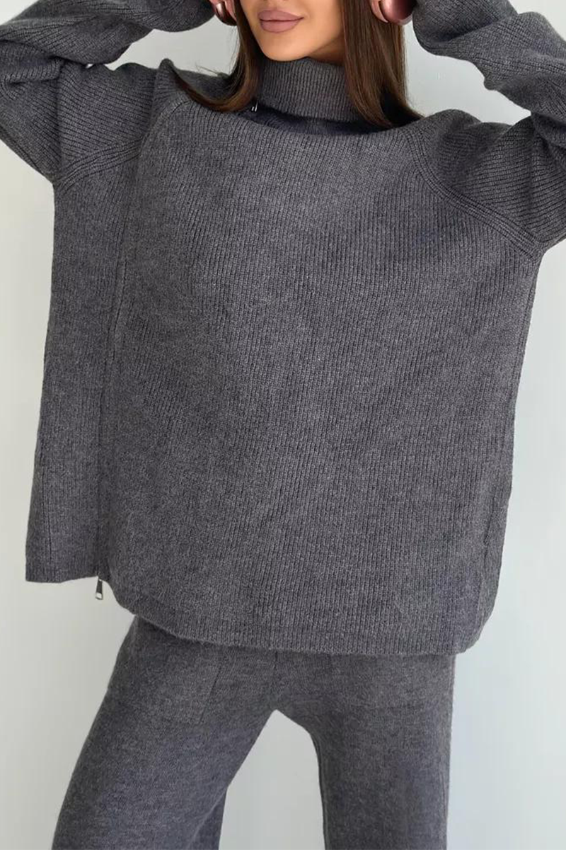 Ensemble deux pièces décontracté à manches longues avec col zippé (6 couleurs)