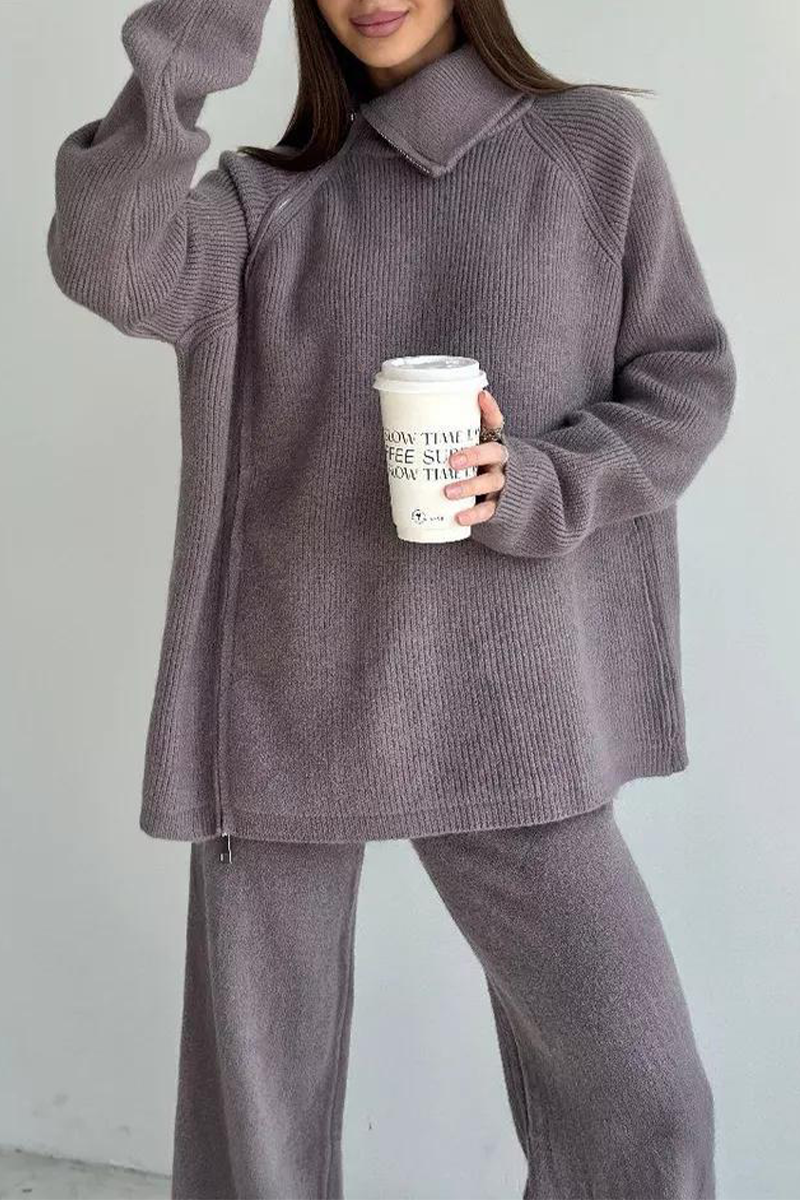 Ensemble deux pièces décontracté à manches longues avec col zippé (6 couleurs)