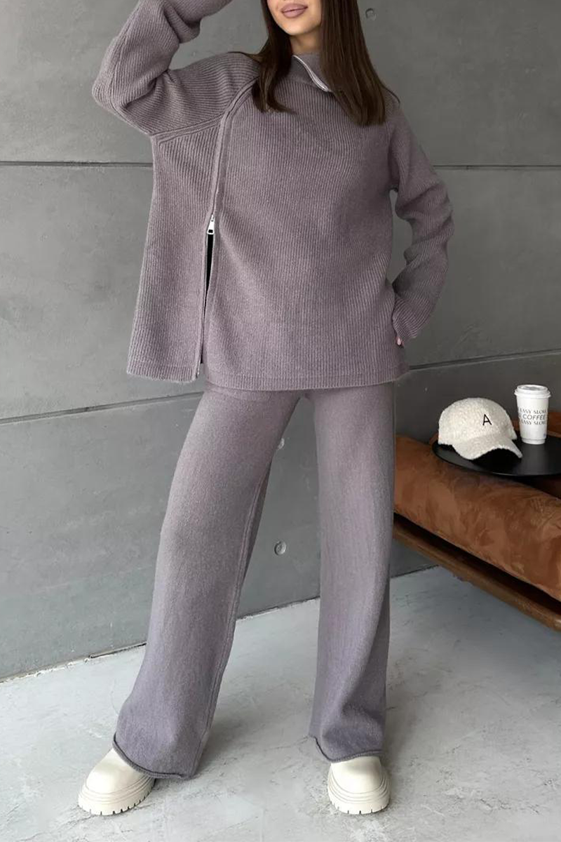 Ensemble deux pièces décontracté à manches longues avec col zippé (6 couleurs)