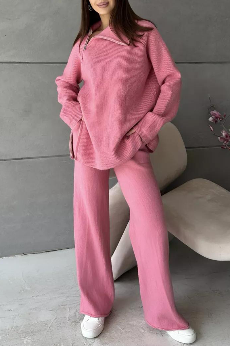 Ensemble deux pièces décontracté à manches longues avec col zippé (6 couleurs)