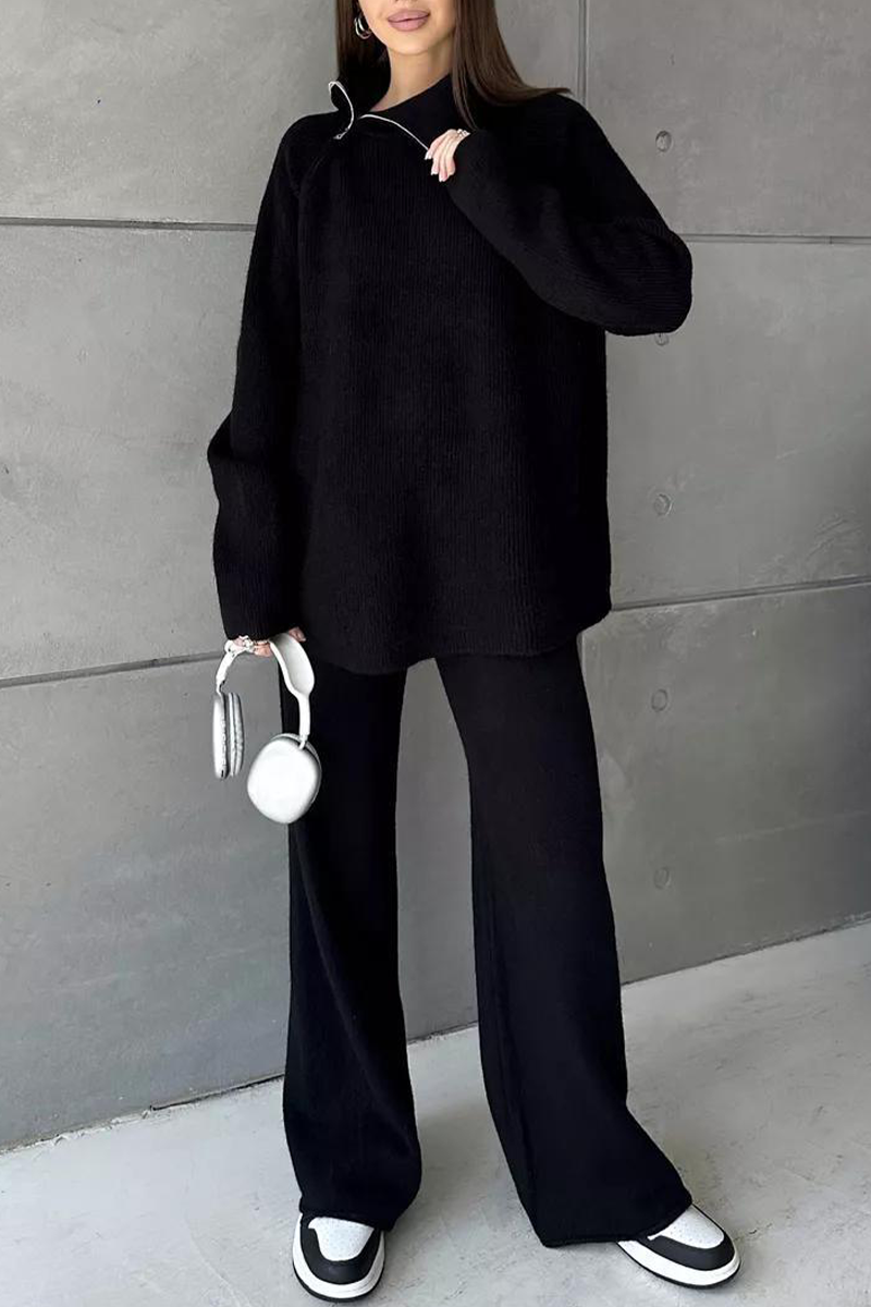 Ensemble deux pièces décontracté à manches longues avec col zippé (6 couleurs)